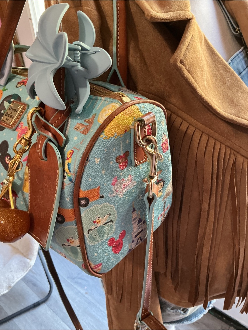Dooney & Bourke Light Blue Novelty Print Satchel with Brown Trim - Picture 2 of 9